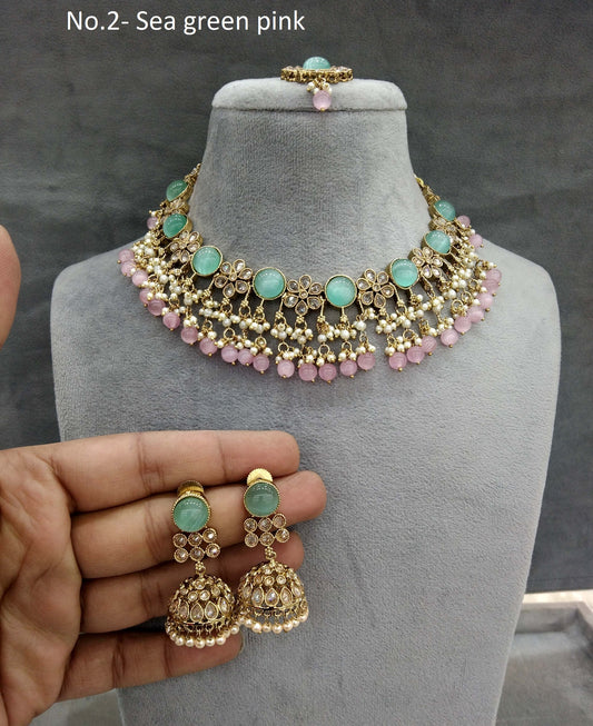 Antique Gold Necklace Set/ Antique gold sea green pink Indian Bridal wind Jewellery