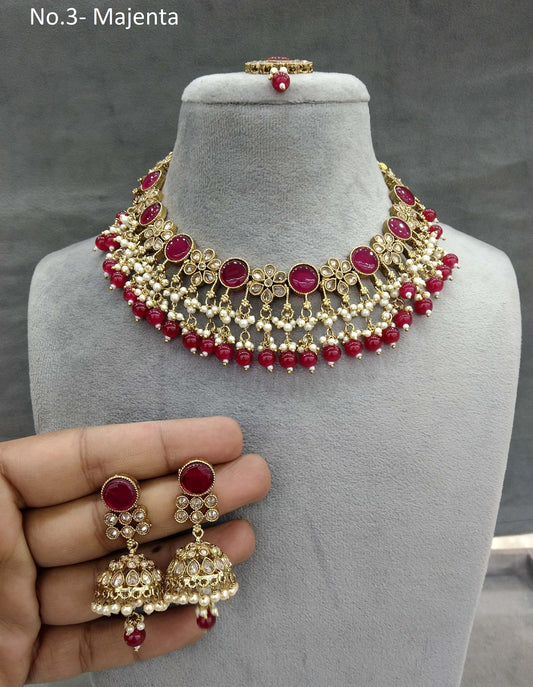 Antique Gold Necklace Set/ Antique gold majenta Indian Bridal wind Jewellery