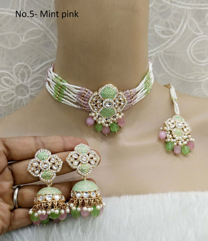 Rose gold kundan choker Set/ rose gold mint pink Indian hipsi choker Jewellry