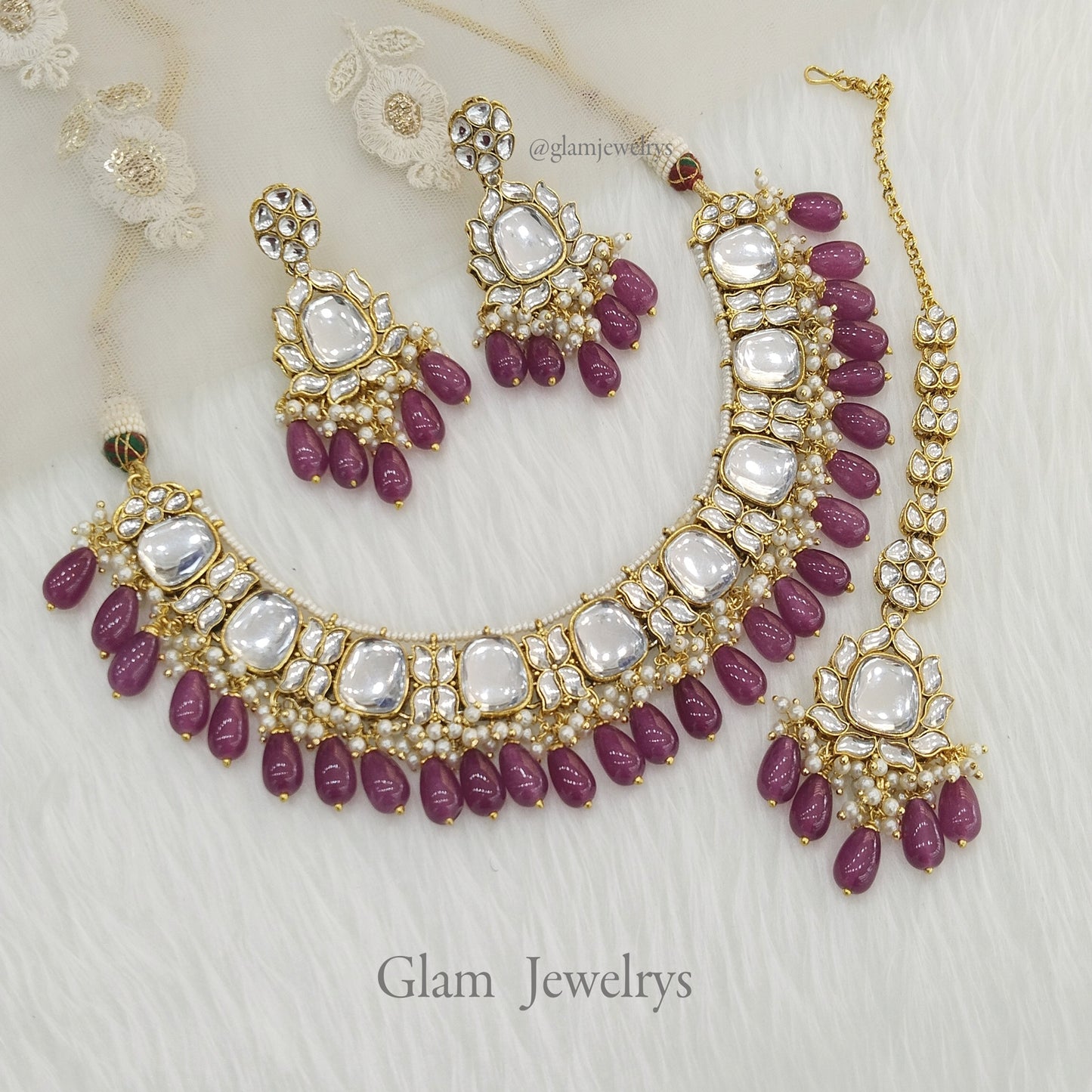 Kundan Purple Beads Lasha Necklace Set