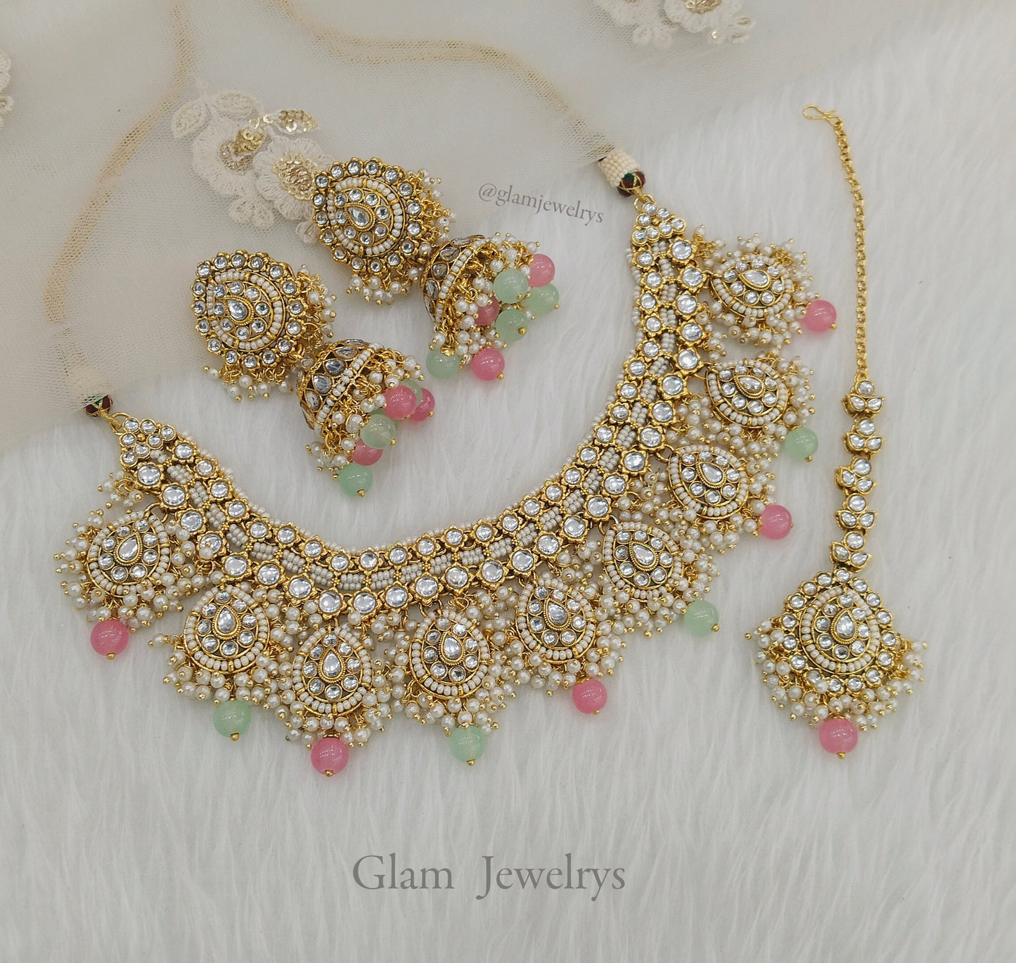 Indian Jewellery/mint pink Gold Semi Bridal Kundan Auckland necklace Set Indian Semi Bridal Jewellery