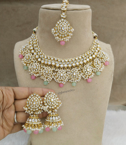 Indian Jewellery/mint pink Gold Semi Bridal Kundan Auckland necklace Set Indian Semi Bridal Jewellery