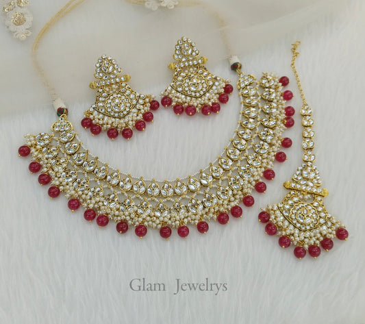 Indian Jewellery/Gold Bridal Maroon Kundan necklace Set Indian Bridal Jewellery about Necklace