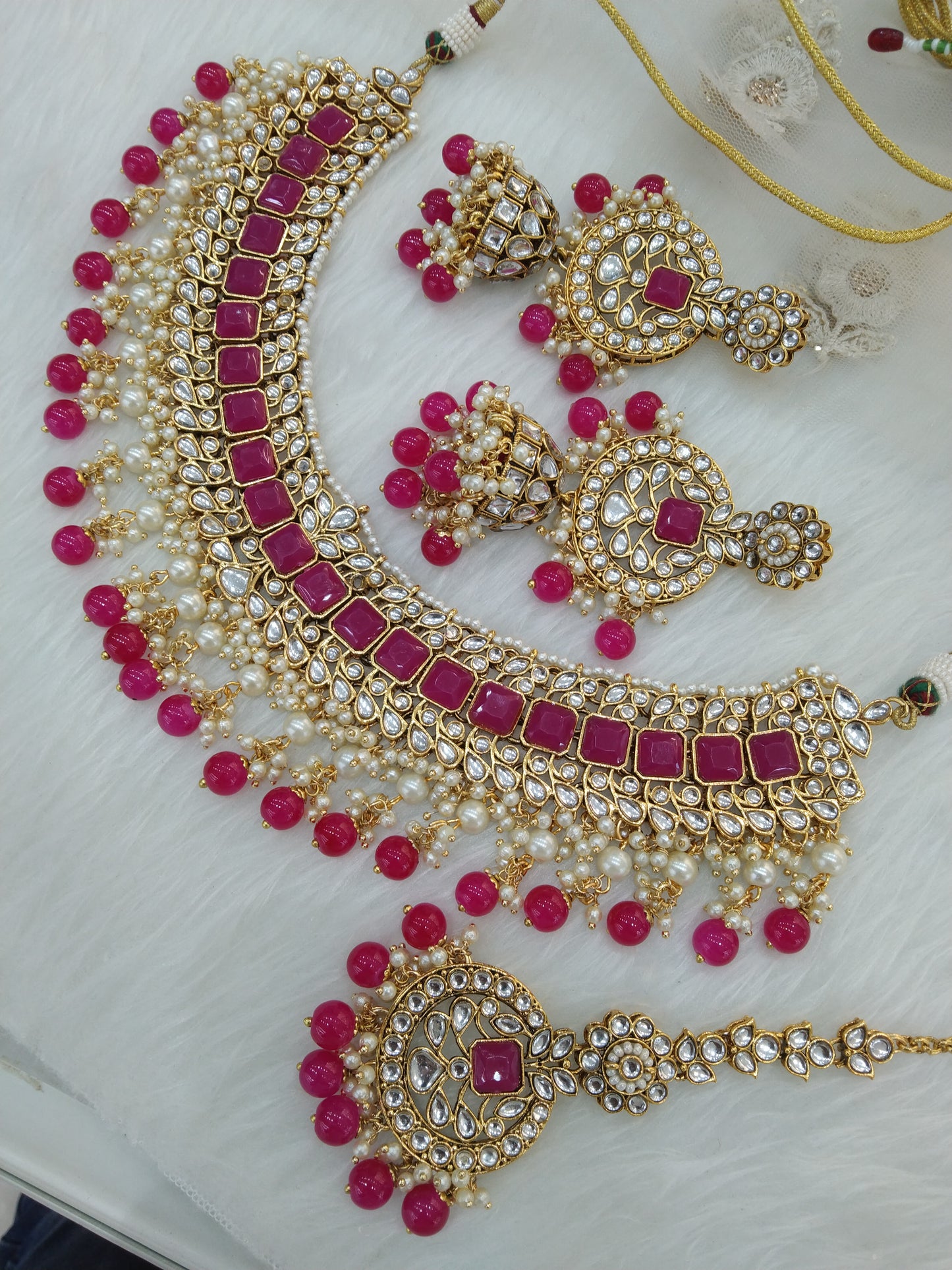 Indian Jewellery ,Dark pink Kundan necklace Set Indian Wedding Semi Bridal Ethnic Bridal also Necklace