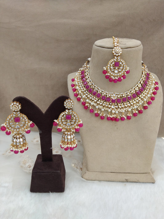 Indian Jewellery ,Dark pink Kundan necklace Set Indian Wedding Semi Bridal Ethnic Bridal also Necklace