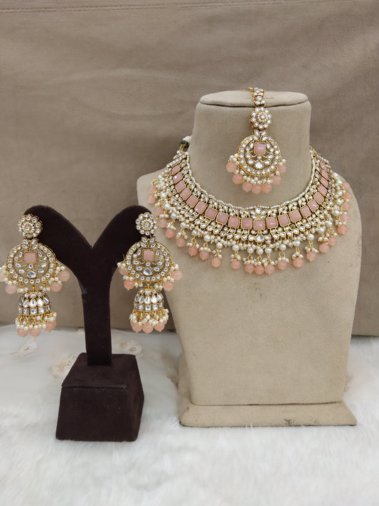 Indian Jewellery Peach Kundan Necklace Set Indian Wedding Semi Bridal Ethnic Bridal also Necklace