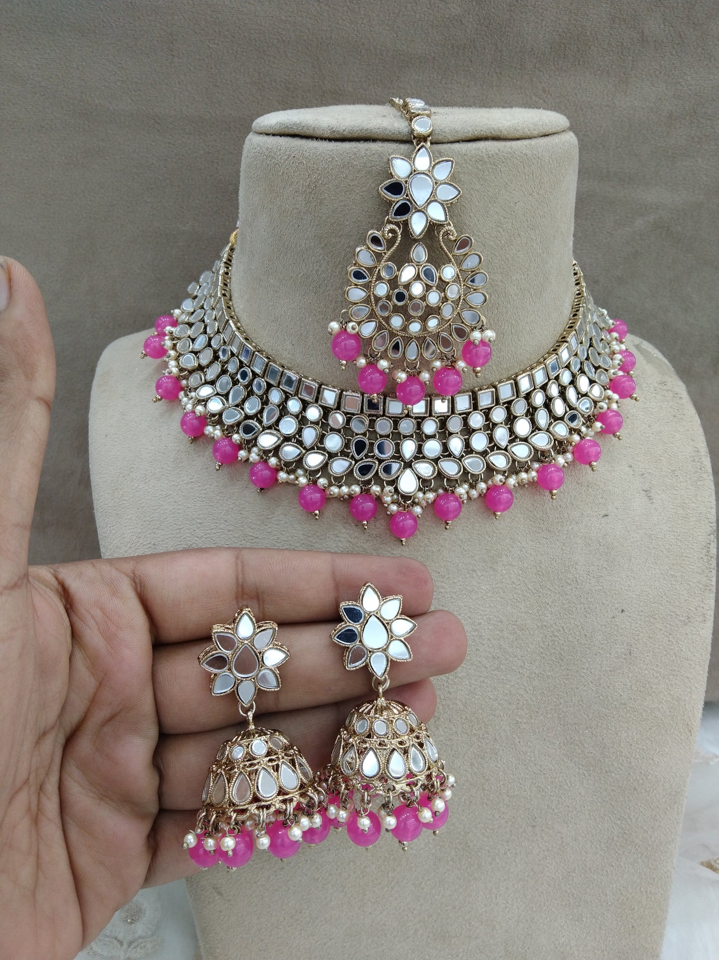 Indian  Jewellery Rani dark pink mirror Kundan necklace set Bridal Wedding choker Set/ Gold Choker boost set