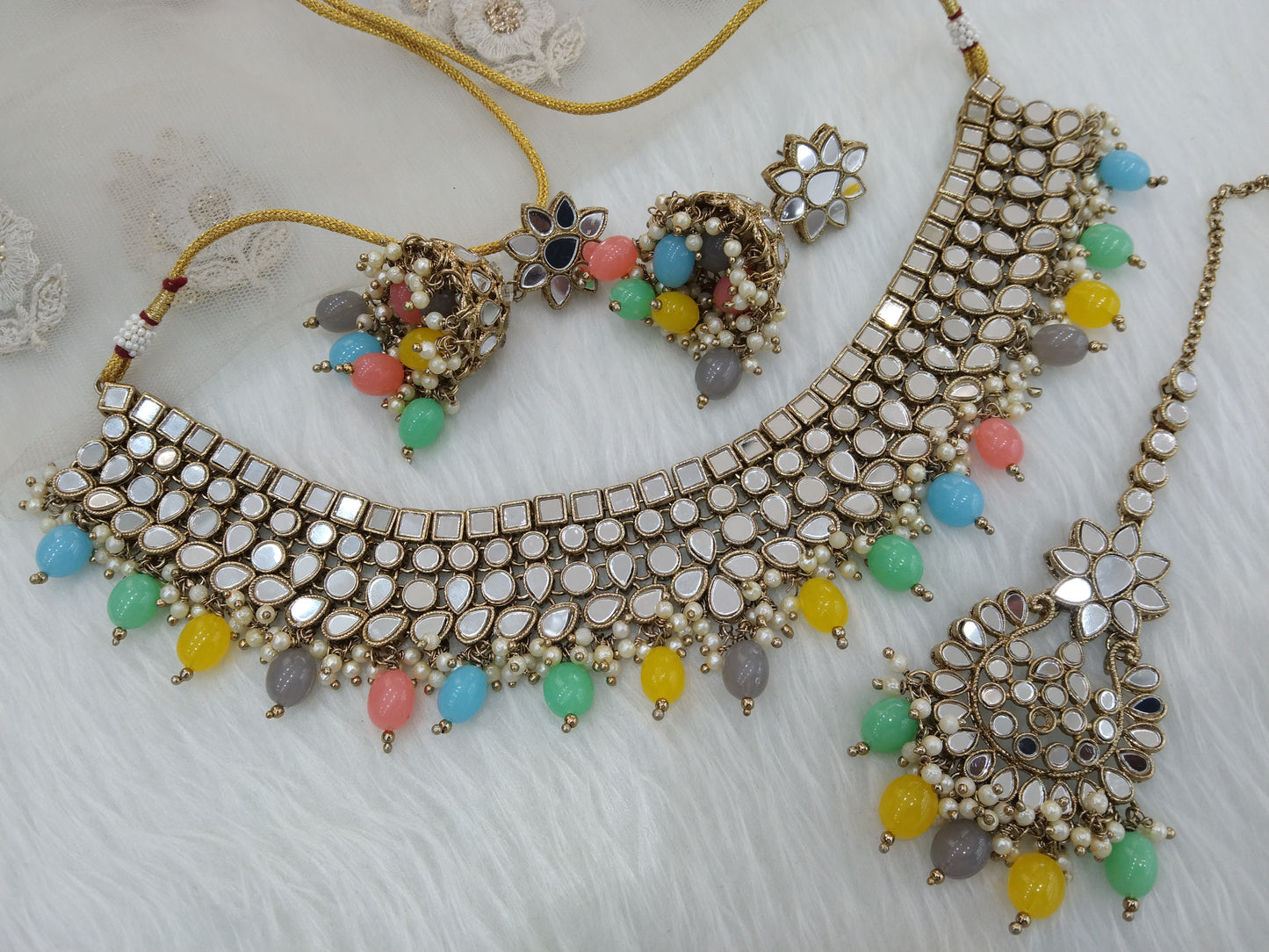 Indischer Schmuck Multicolor Spiegel Kundan Halskette Set Braut Hochzeit Choker Set/ Gold Choker Boost Set