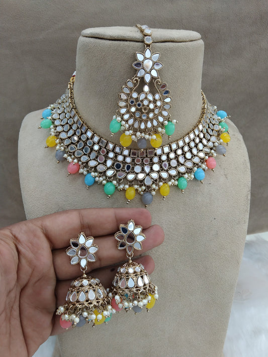 Indian Jewellery multicolor mirror Kundan necklace set Bridal Wedding choker Set/ Gold Choker boost set