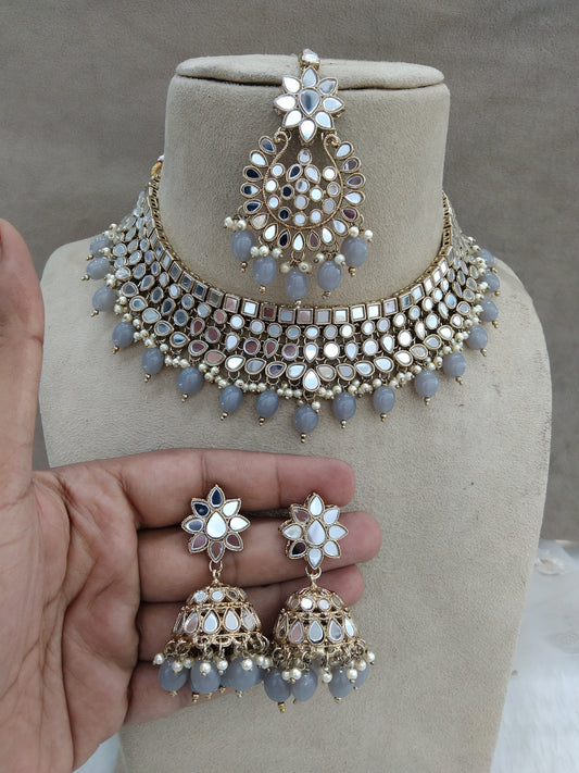 Indian  Jewellery grey mirror Kundan necklace set Bridal Wedding choker Set/ Gold Choker boost set