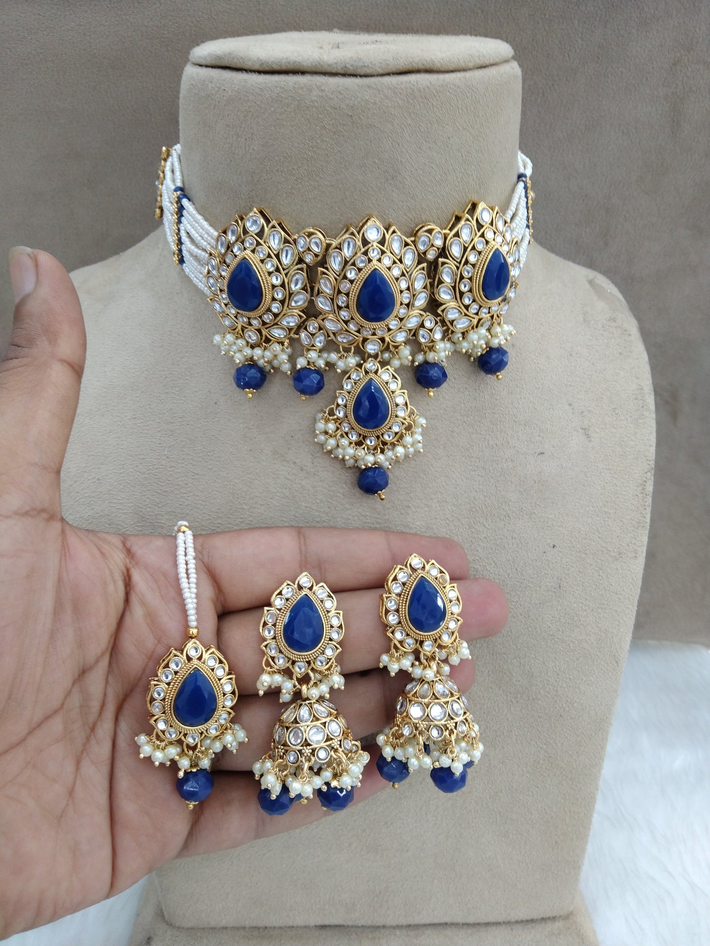 Indian jewellery kundan Choker Set Necklace Earrings Set/blue choker set Indian Jewellery Necklace Set/Indian baby Choker Set