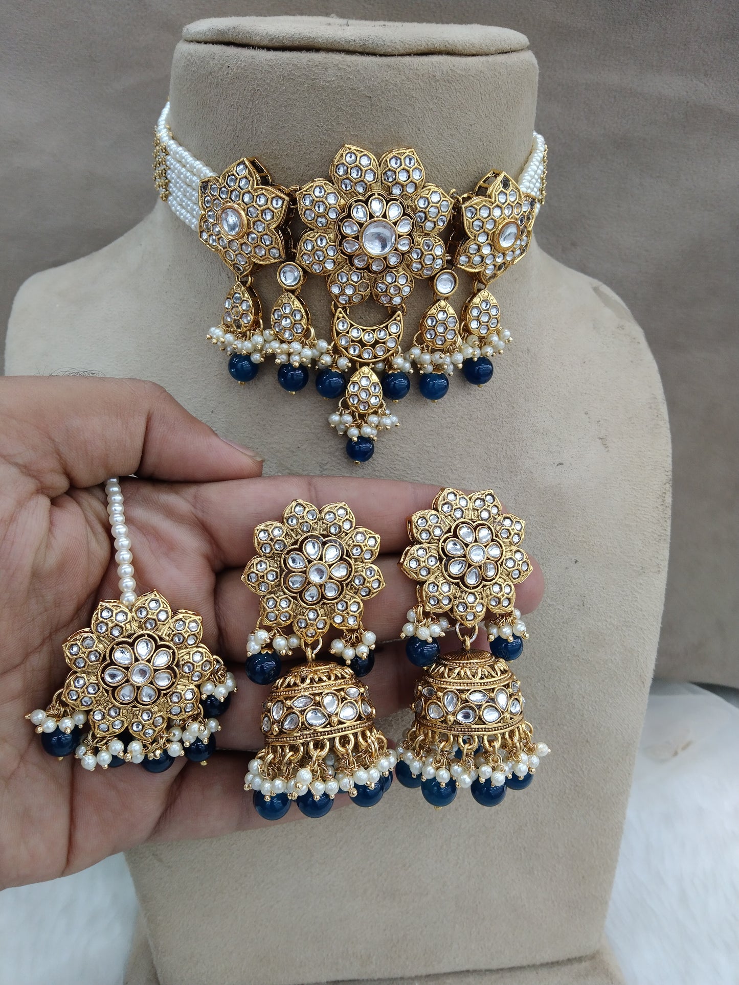 kundan Choker Set Necklace Earrings Set/blue choker set Indian Jewellery Necklace Set/Indian Choker crown Set