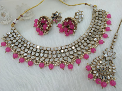 Indian  Jewellery Rani dark pink mirror Kundan necklace set Bridal Wedding choker Set/ Gold Choker boost set