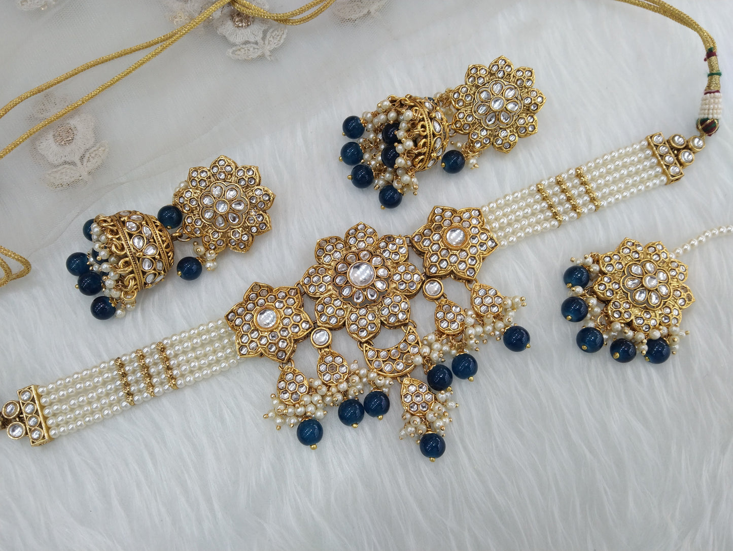 kundan Choker Set Necklace Earrings Set/blue choker set Indian Jewellery Necklace Set/Indian Choker crown Set