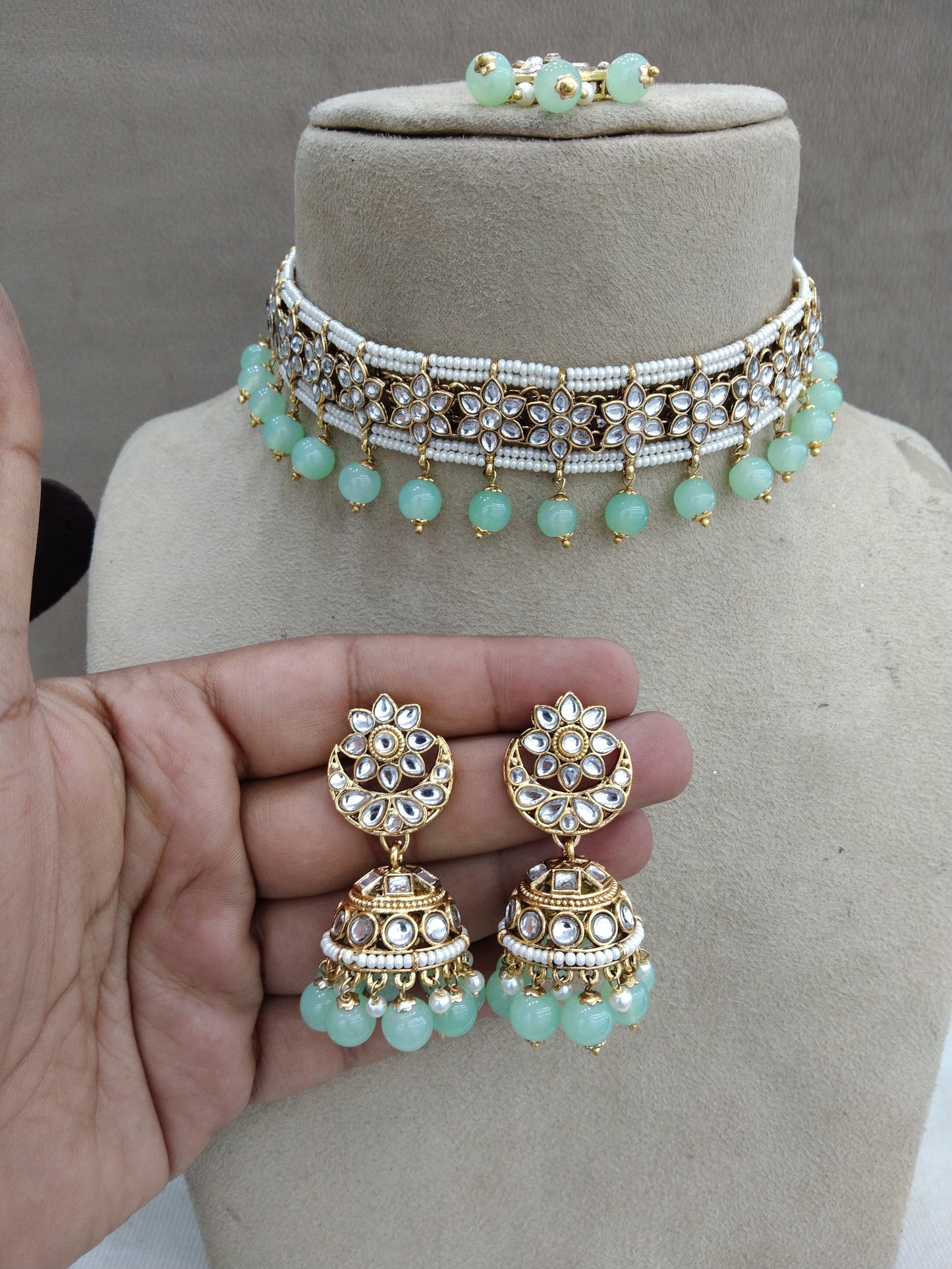 kundan Choker Set Necklace Earrings Set/pastel green choker set Indian Jewellery Necklace Set/Indian Choker domain Set