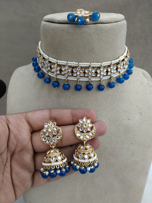 Buy Blue kundan Choker Set Necklace Earrings Set/ choker set Indian Jewellery Necklace Set/Indian Choker domain Set