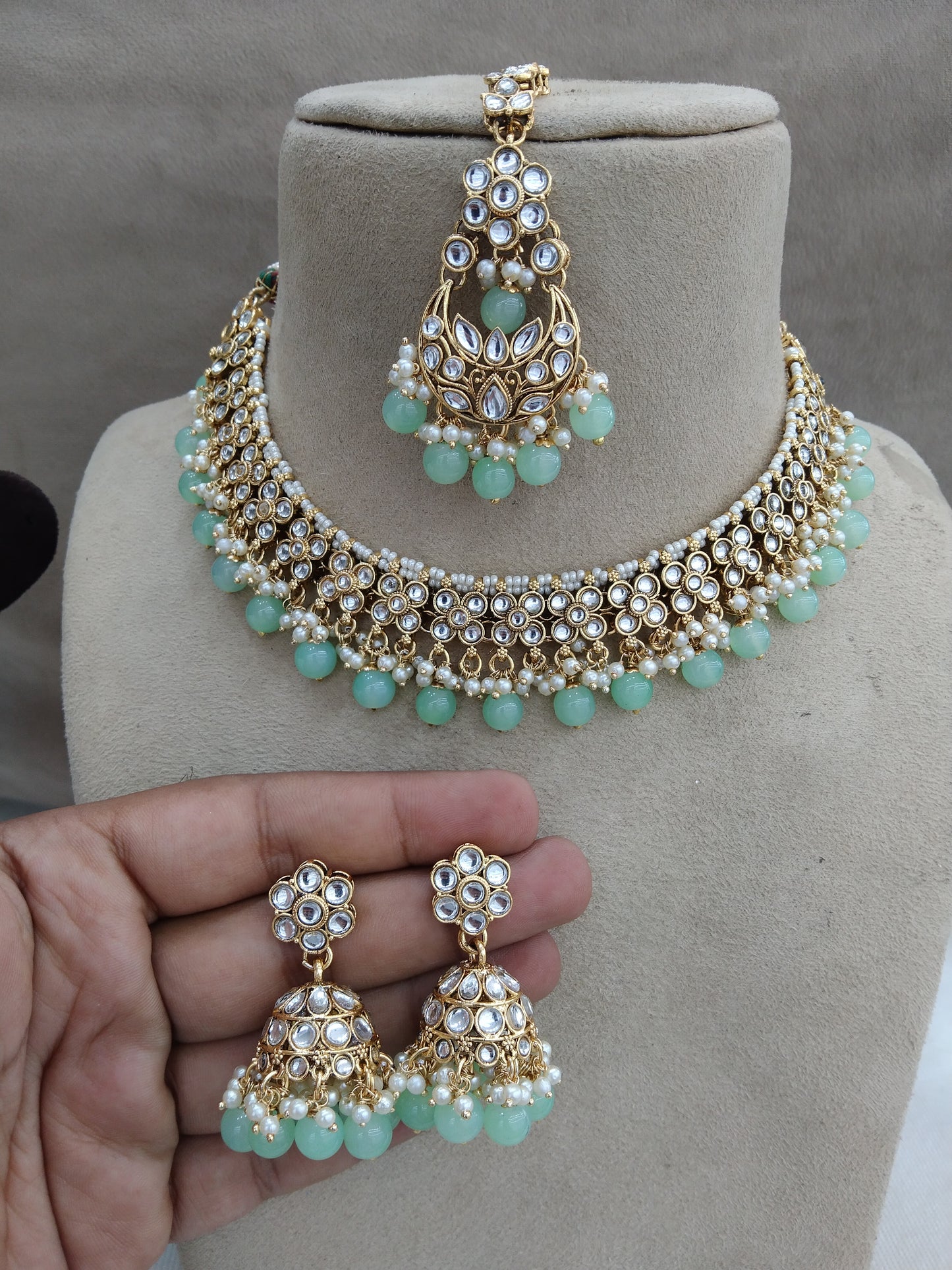 Indian   Jewellery ,pastel green Kundan necklace Set Indian Wedding Semi Bridal Ethnic Bridal Necklace,bridesmaids set, downtown