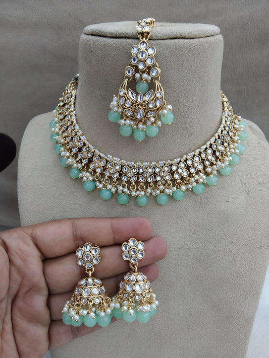 Indian Jewellery ,pastel green Kundan necklace Set Indian Wedding Semi Bridal Ethnic Bridal Necklace,bridesmaids set, downtown