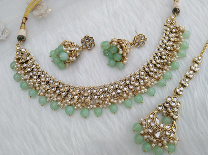 Indian Jewellery ,pastel green Kundan necklace Set Indian Wedding Semi Bridal Ethnic Bridal Necklace,bridesmaids set, downtown