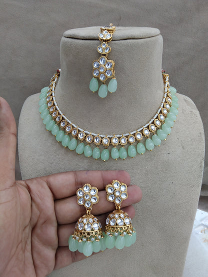 Indian Jewellery/Gold pastel green Bridal Kundan necklace Set Indian Bridal Jewellery fast track Necklace