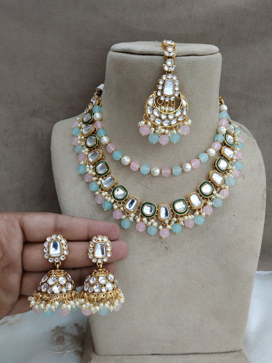 Indian Jewellery/ Gold Bridal sea green pink Kundan layered necklace Set Indian  Wedding Semi Bridal Jewellery fontana Necklace