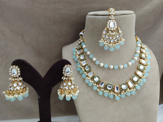 Indian Jewellery/ Gold Bridal sea green Kundan layered necklace Set Indian fontana Necklace