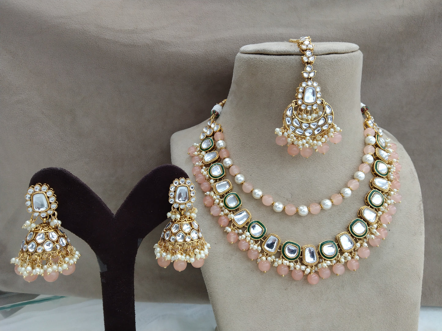 Indian Jewellery/ Gold Bridal Peach Kundan layered necklace Set Indian fontana Nec  klace