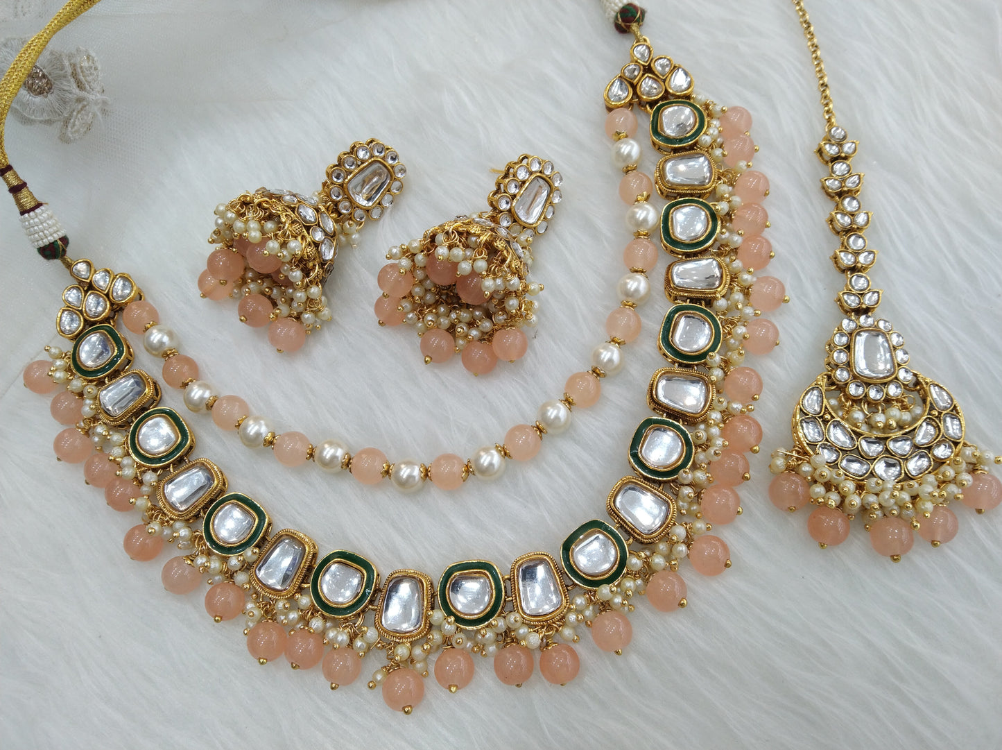 Indian Jewellery/ Gold Bridal Peach Kundan layered necklace Set Indian fontana Nec  klace