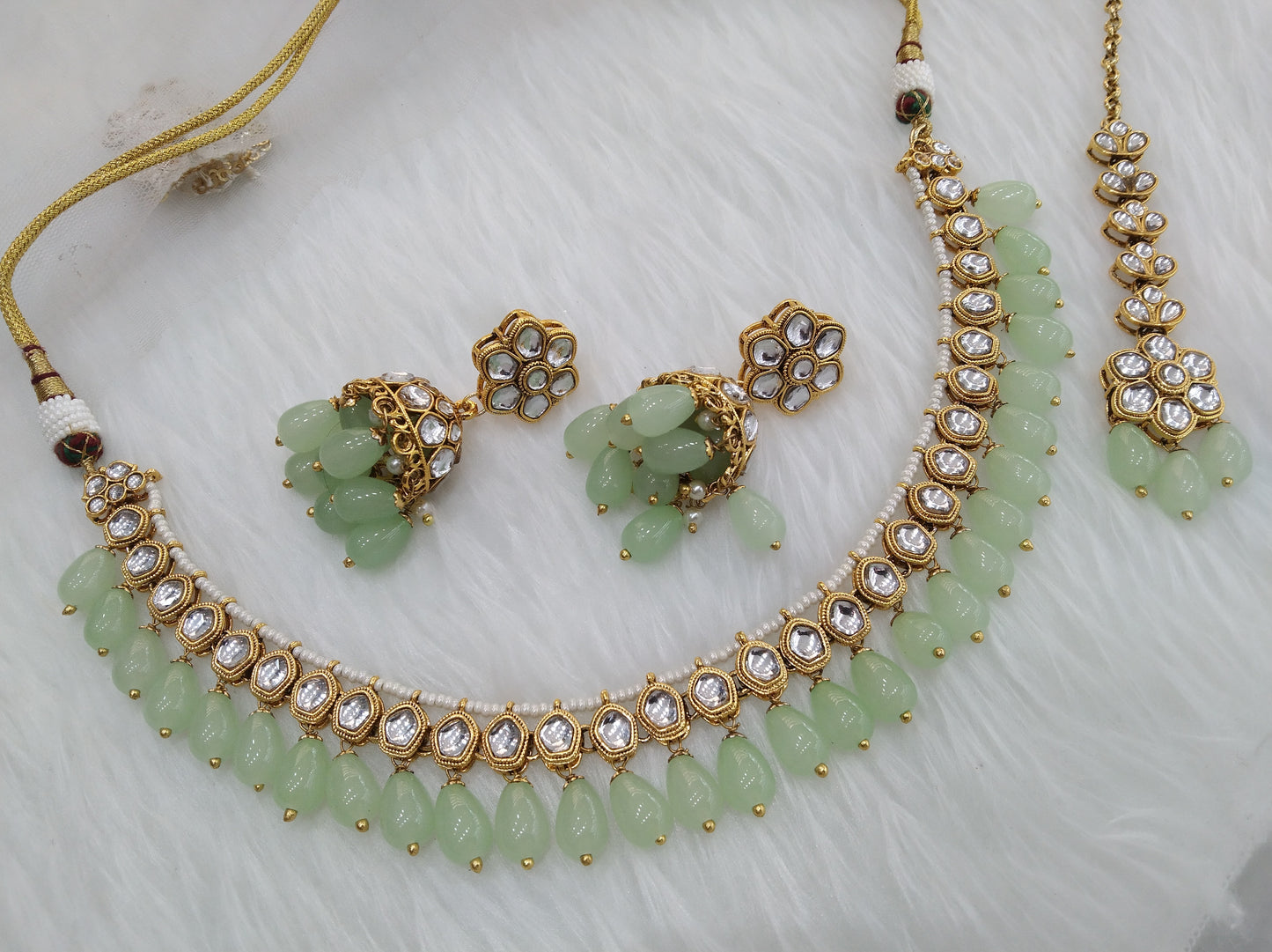 Indian Jewellery/Gold pastel green Bridal Kundan necklace Set Indian Bridal Jewellery fast track Necklace