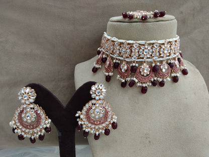 Indian jewellery kundan Choker Set /Maroon choker Earrings Set/Indian Ferry Jewellery Necklace Set