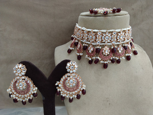 Indian jewellery kundan Choker Set /Maroon choker Earrings Set/Indian Ferry Jewellery Necklace Set