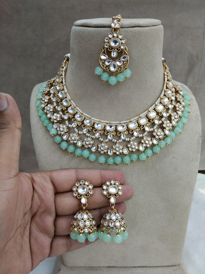 Indian Jewellery/Gold pastel green Bridal Kundan Necklace Set Ethnic Jewellery gives Necklace