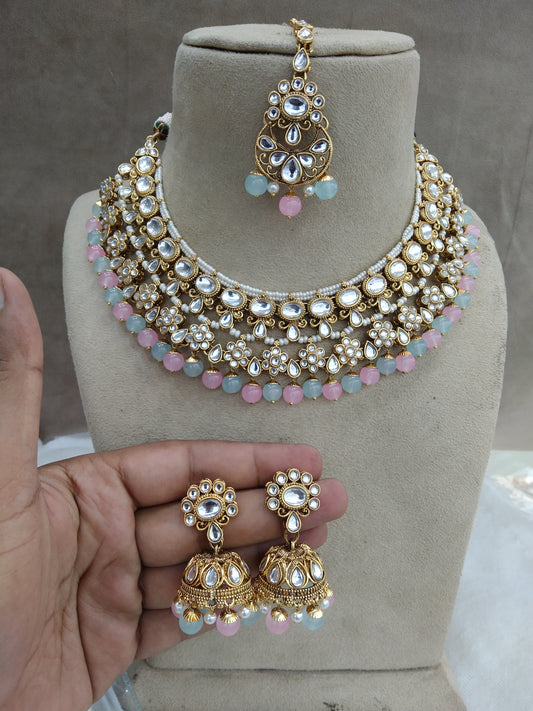 Gold Sea green pink Bridal Kundan necklace Set Ethnic Jewellery gives Necklace