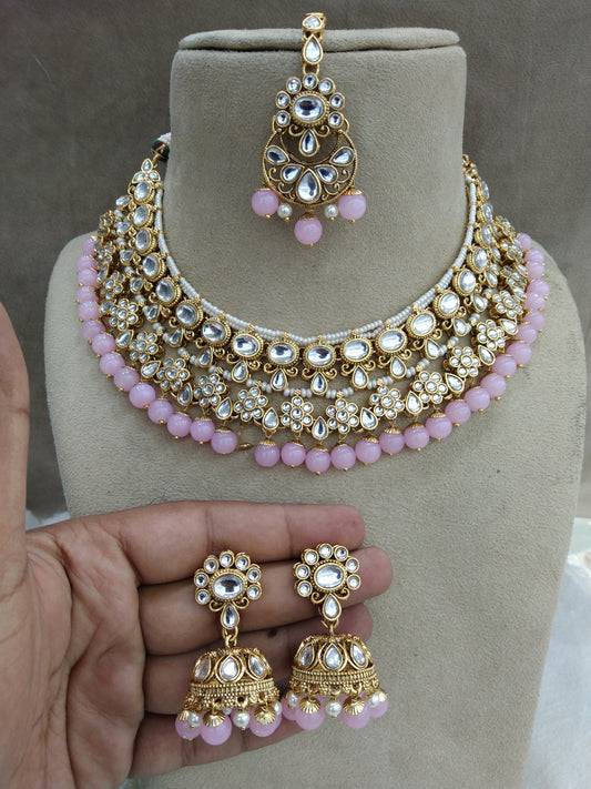 Indian Jewellery/Gold pink Bridal Kundan Necklace Set Ethnic Jewellery gives Necklace