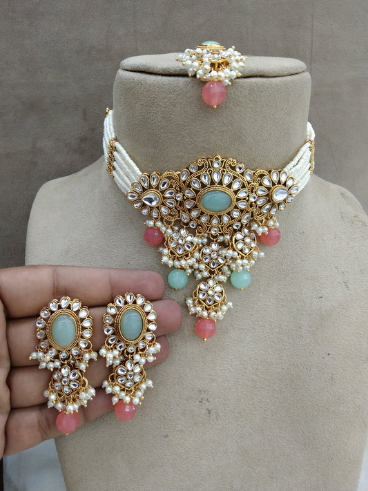 kundan Choker Set Earrings Set/ Gajjri pink choker set /Indian heena Choker Set