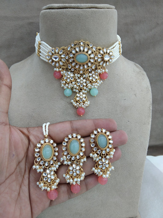 kundan Choker Set Earrings Set/ Gajjri pink choker set /Indian heena Choker Set