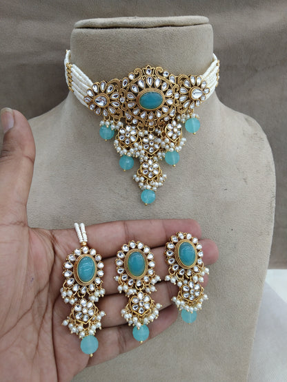 kundan Choker Set Earrings Set/ Sky blue choker set /Indian heena Choker Set