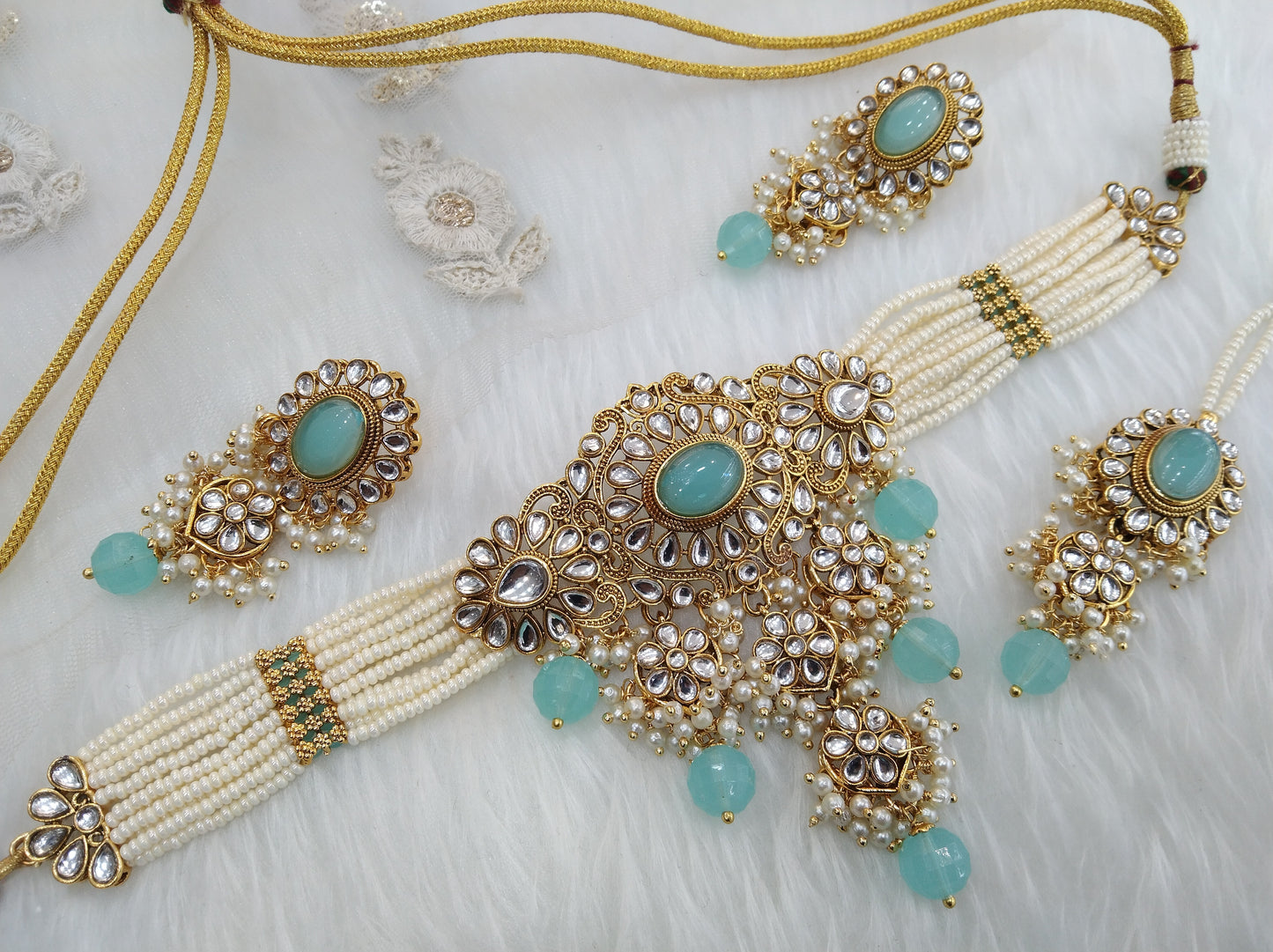 kundan Choker Set Earrings Set/ Sky blue choker set /Indian heena Choker Set