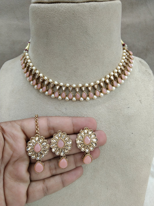 Indian Kundan Necklace  Jewellery Set/Bollywood Peach Jewellery Set