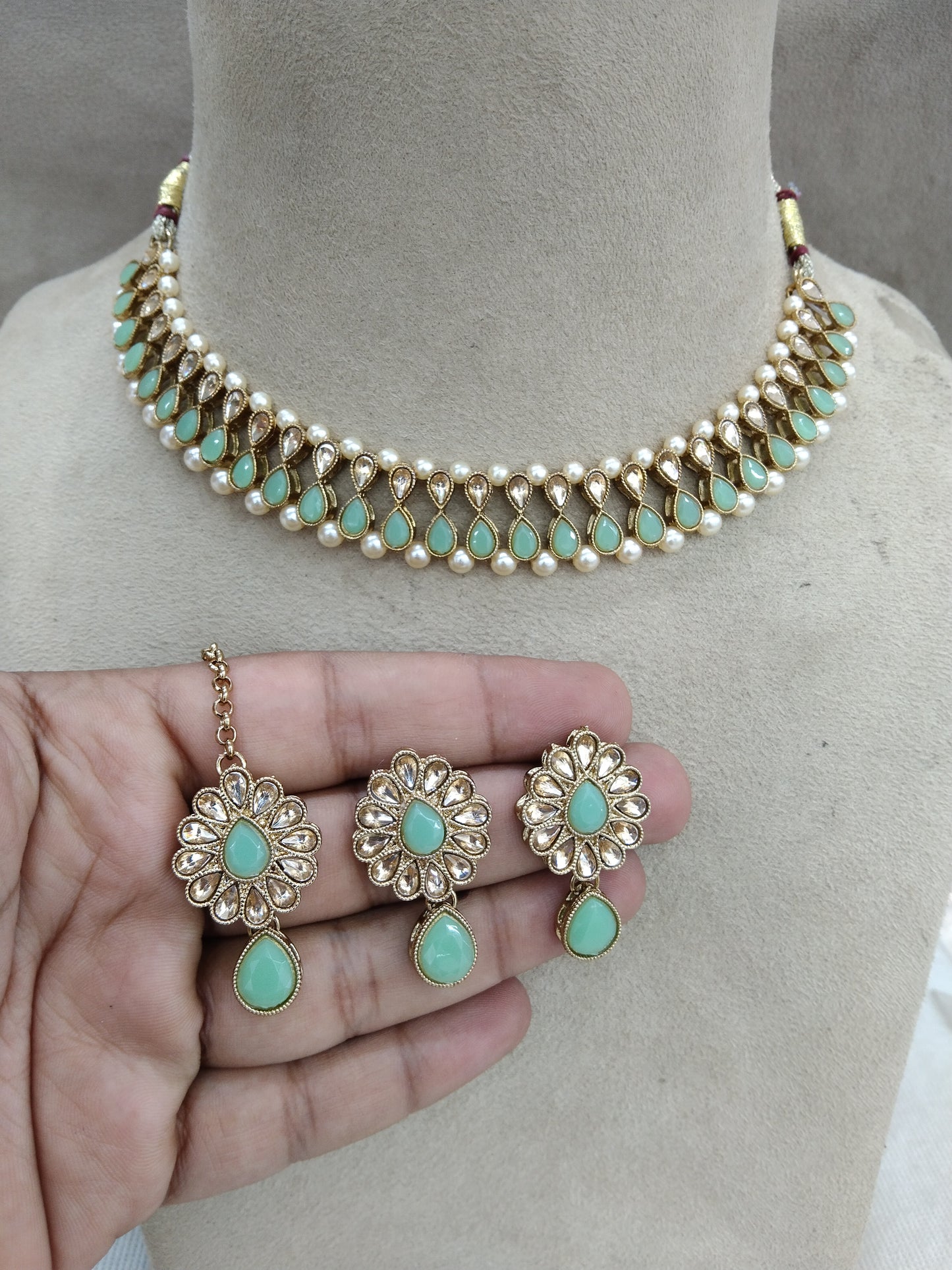 Indisches Kundan Halskette Schmuckset/Pastellgrünes Bollywood Schmuckset