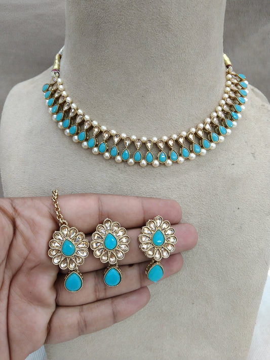 Indian Kundan Necklace Jewelry Jewellery Set/Sky blue Bollywood  Jewelry Set