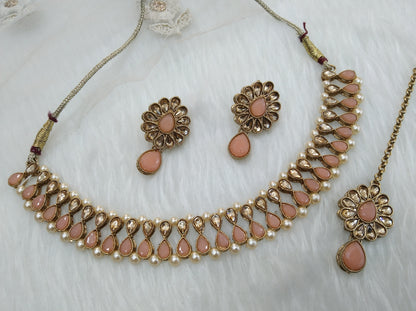 Indian Kundan Necklace  Jewellery Set/Bollywood Peach Jewellery Set