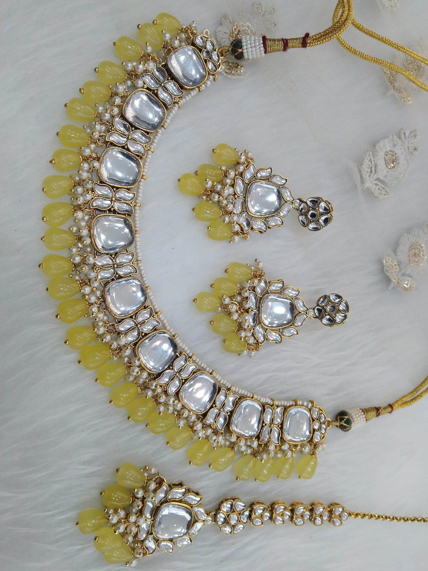 Indian Jewellery/ Gold Semi Bridal Kundan necklace Set Indian yellow jones Wedding  Jewellery Necklace