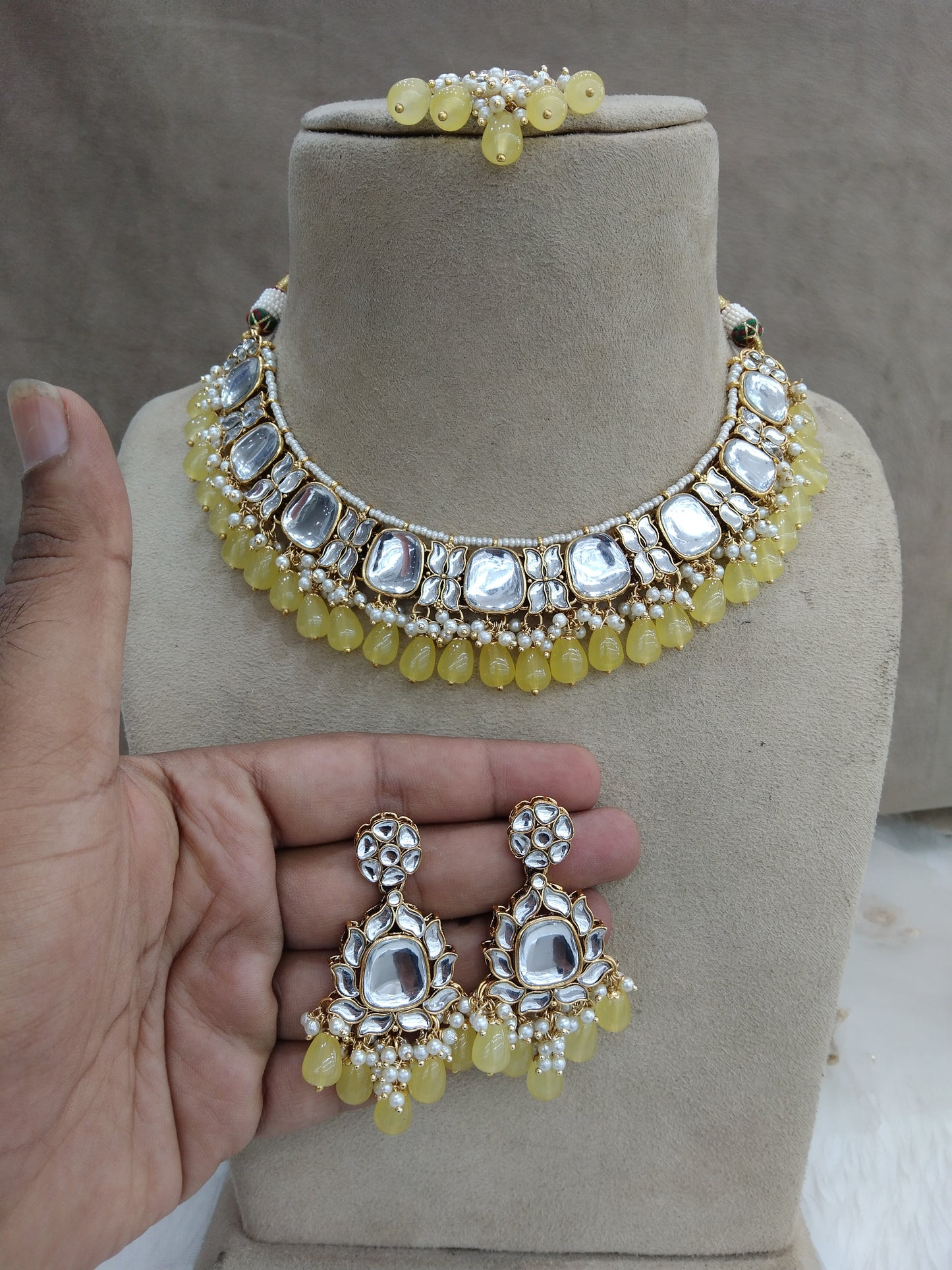 Indian Jewellery/ Gold Semi Bridal Kundan necklace Set Indian yellow jones Wedding  Jewellery Necklace