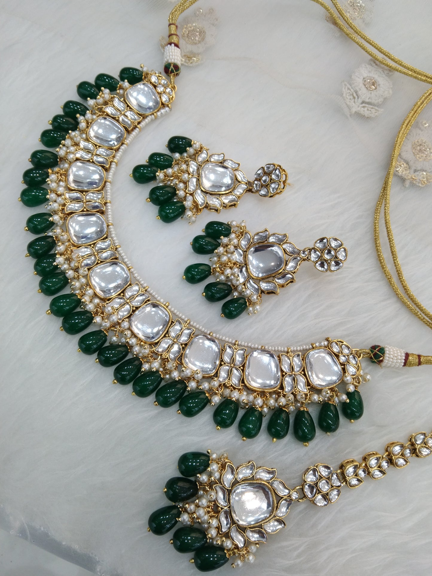 Indian Jewellery/ Gold Semi Bridal Kundan necklace Set Indian green jones Wedding  Jewellery Necklace