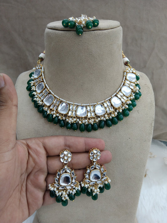 Indian Jewellery/ Gold Semi Bridal Kundan necklace Set Indian green jones Wedding  Jewellery Necklace