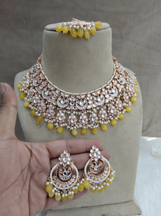 Yellow Kundan Jewellery Set/ Gold Bridal Kundan necklace Set Indian yellow Bridal Jewellery kaskade  kundan Necklace set