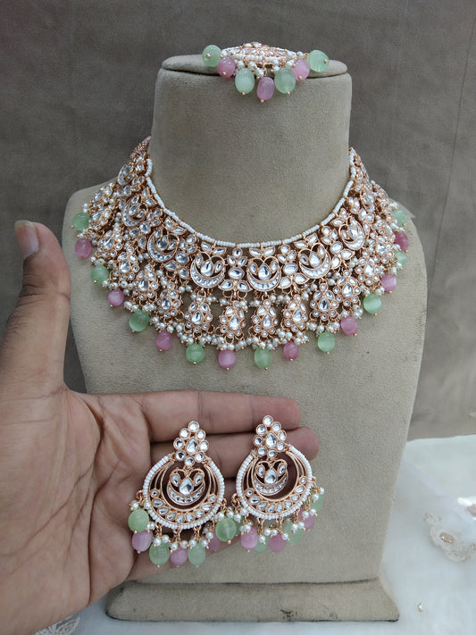 Indian Jewellery/ Gold Bridal mint pink Kundan necklace Set Indian Bridal Jewellery kaskade  kundan Necklace set