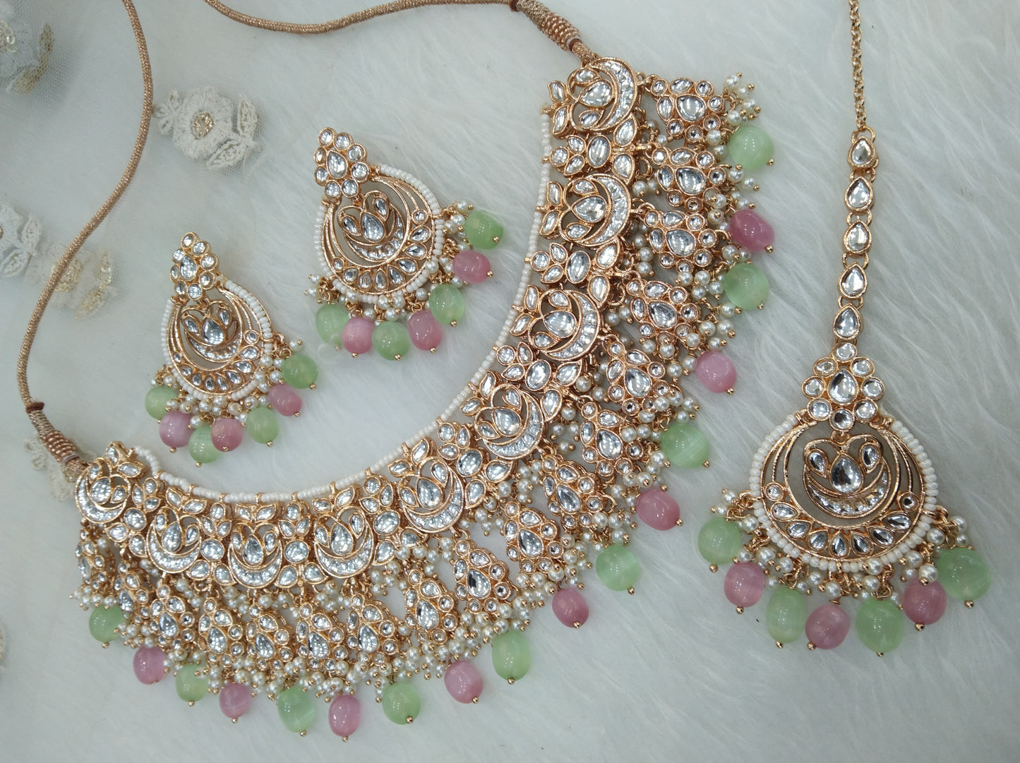 Indian Jewellery/ Gold Bridal mint pink Kundan necklace Set Indian Bridal Jewellery kaskade  kundan Necklace set