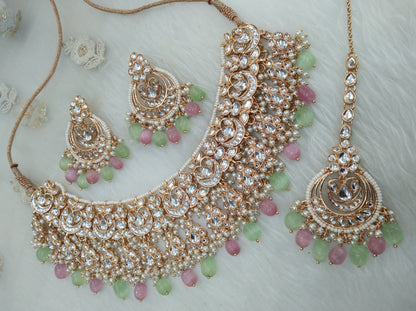 Indian Jewellery/ Gold Bridal mint pink Kundan necklace Set Indian Bridal Jewellery kaskade  kundan Necklace set